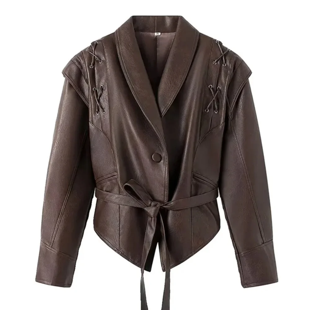 Faux Leather Brown Women Jackets 2024 Belt Lace Up Lapel Female Coat Vintage - Picture 3 of 8